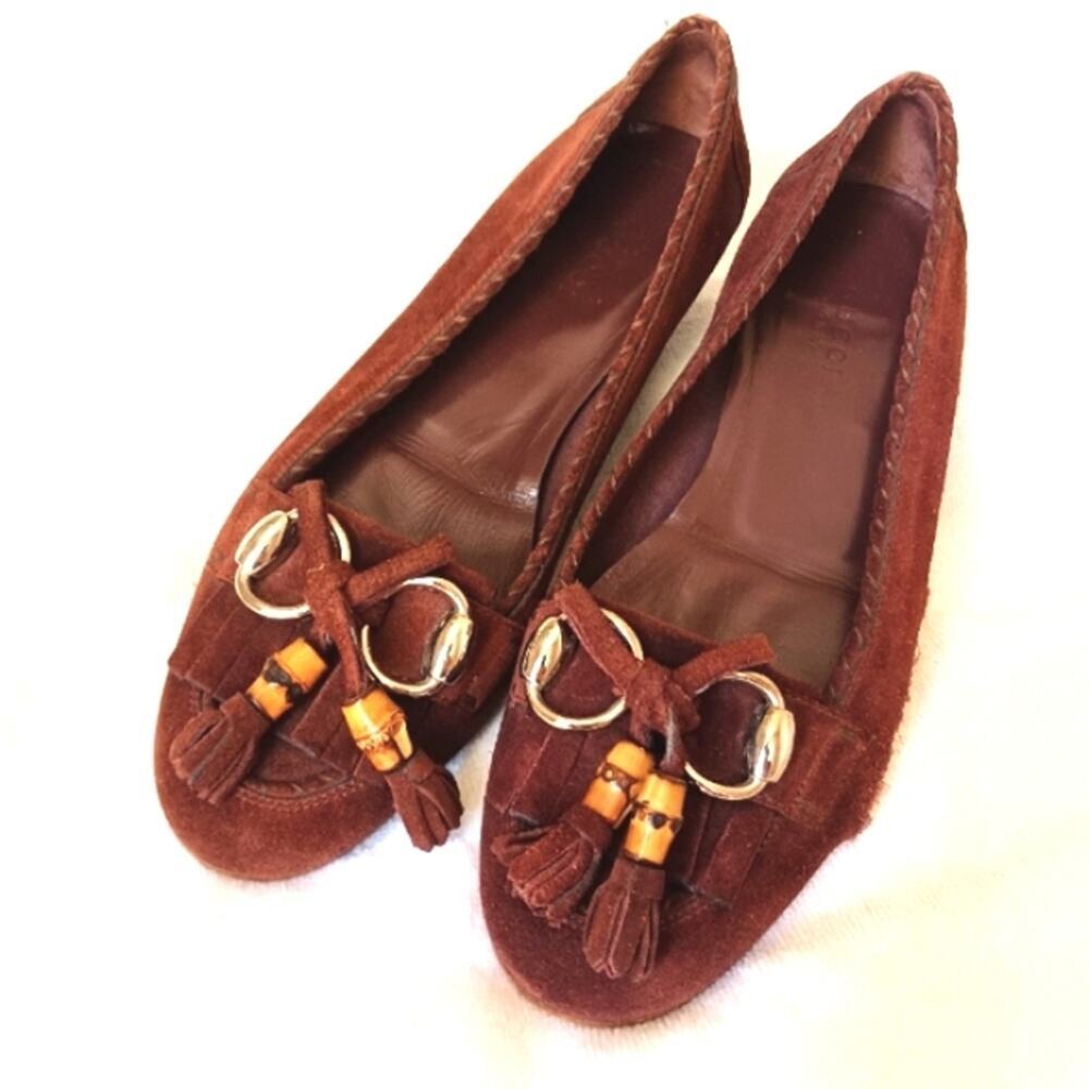 Gucci Horsebit Loafers Suede Fringe Leather Flats 6.5 Brown‎ Bamboo Tassel Flaw
